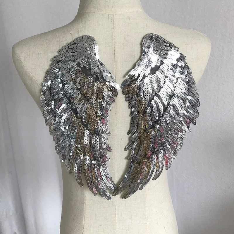 1Pair Gold Black Silver Angel Sequin Wings Embroidery Patch Applique Stick Iron On Clothes T-shirt  Jacket Decor Accessory DIY