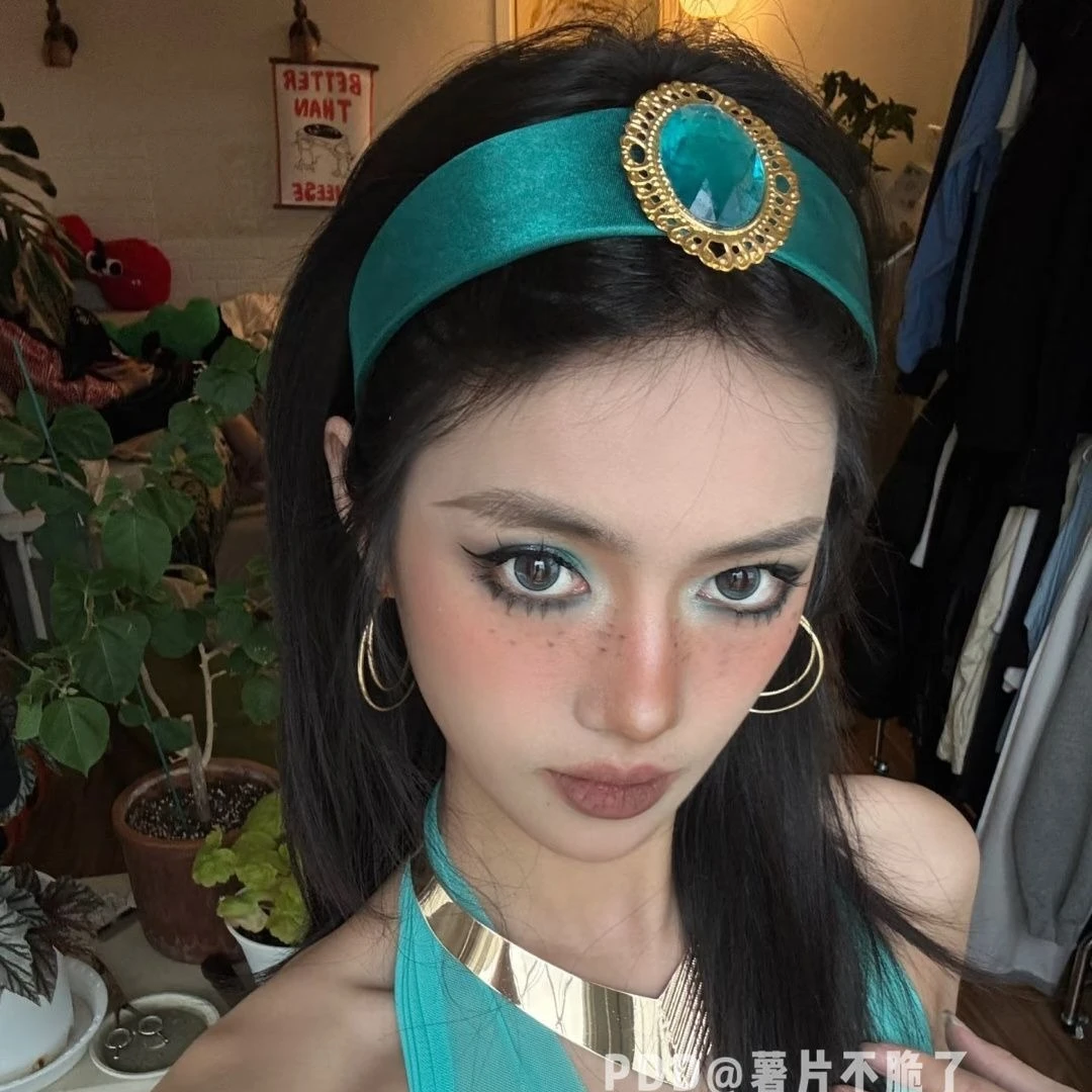

Halloween women Jasmine Blue Headband Large Crystal cosplay Headwear Arabian Princess Hair Bands For Cosplay Party Accessories