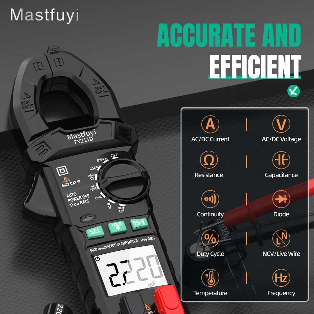 

MASTFUYI Digital Clamp Meter True RMS 6000 Counts AC DC 600V NCV Voltmeter Hz Resistance Capacitance Duty Cycle Continuity