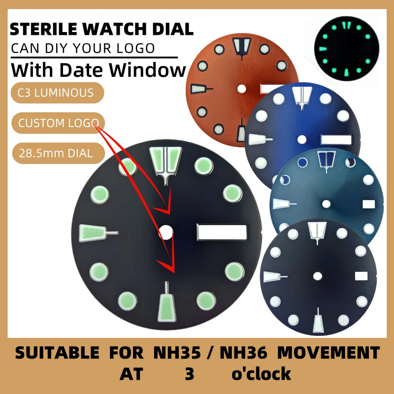 28.5mm Sterile Watch Dial With Date Window Blue Green C3 Luminous Watch Faces for NH34 NH35 NH36 Movement Custom LOGO