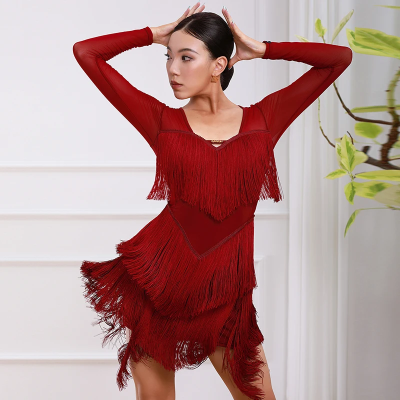 Red Latin Dance Fringe Dresses Long Sleeve Dance Dress Women Performance Clothing Cha Cha Samba Dancing Training Outfit VDL4832