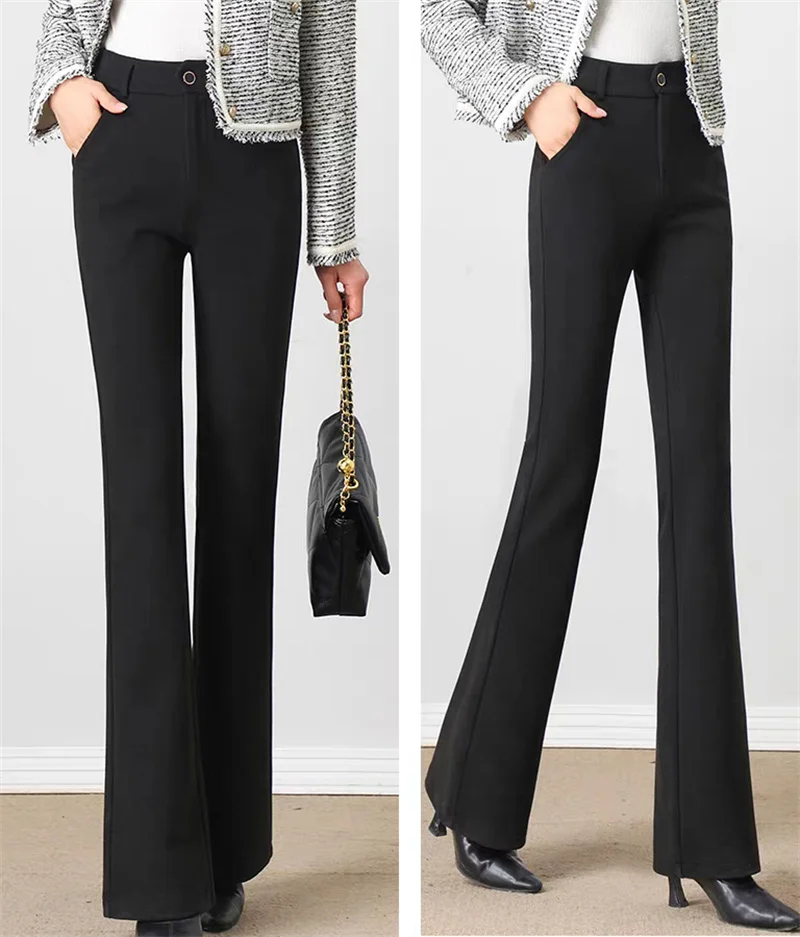 2025 outono nova cintura alta emagrecimento drapeado profissional micro-pull terno reto calças sino-bottom coreano