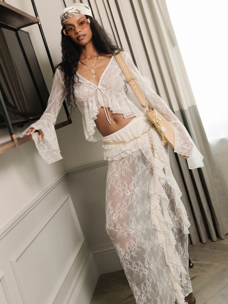 

Women's Lace Maxi Skirt Sets Sexy See Through Slim Club Party Outfits Summer Fashion Ruffle Beach Holiday Two Piece Set 2025