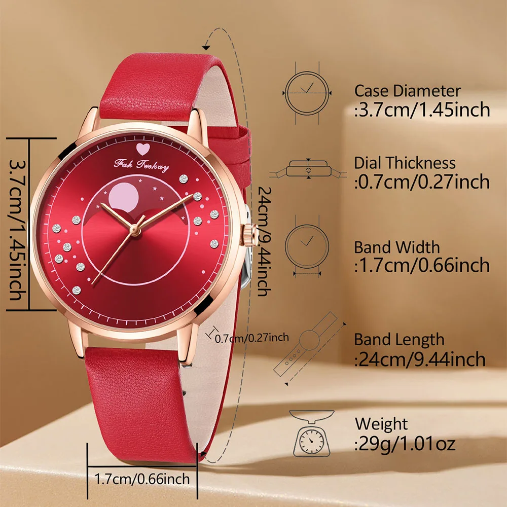 5 PCS Set Red Watch Women Luxury Ring Necklace Earrings Rhinestone Fashion Wristwatch Female Casual Watches Bracelet Set