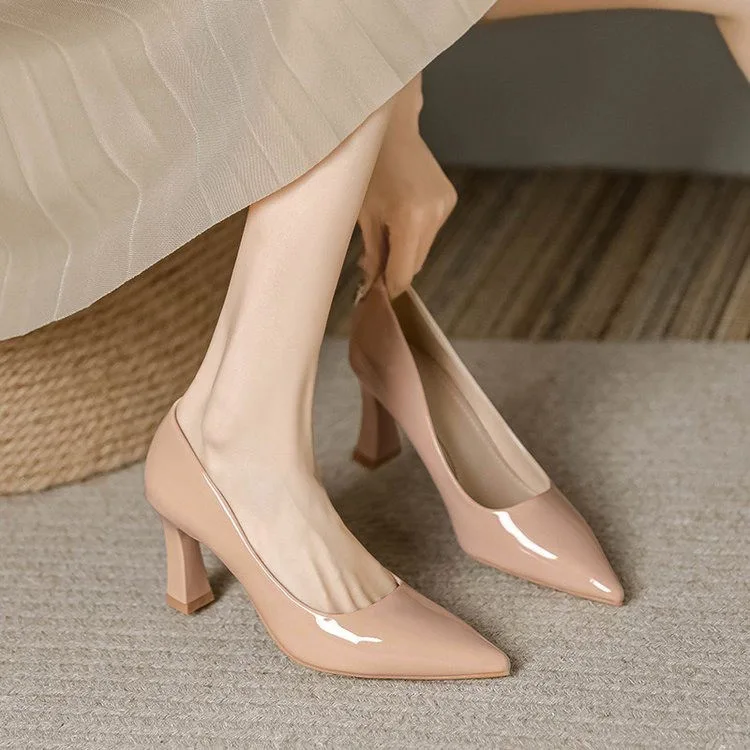 2025 Fashion New Nude Pointed Thick Heel Dress for Women High Heels for Professional Commuting High Heels for Single Shoes