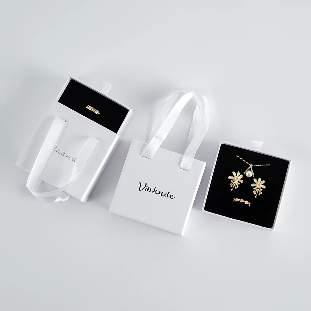 Custom Logo White Luxury Small Sliding Drawer Gift Perfume Paper Shopping Bag For Jewelry Bracelet Box With Satin Ribbon Handle