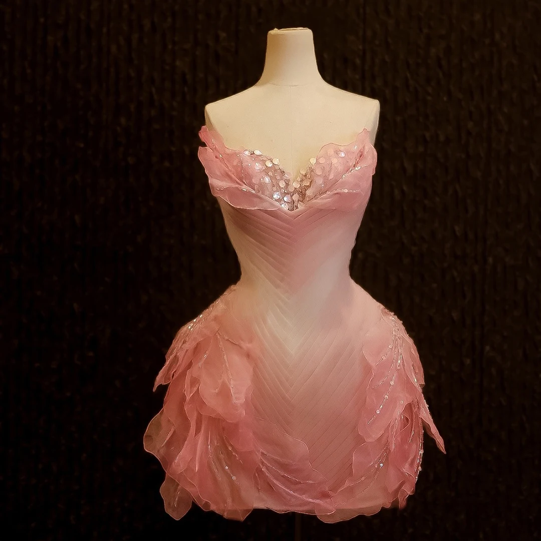 

Real Image Sequin Ruffles Short Homecoming Dresses Blush Pink Tulle Mini Cocktail Formal Dress Strapless V Neck Prom Party Gown