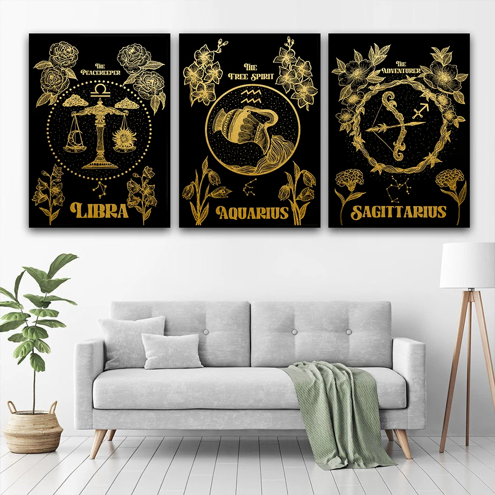 Gold and Black Zodiac Star Sign Wall Art Canvas Poster Astrology Print Boho Cancer Libra Gemini Picture Living Room Decoration