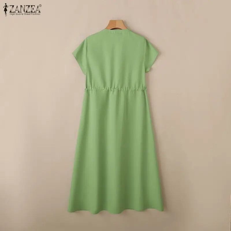 ZANZEA été femmes décontracté a-ligne robes mi-longues à manches courtes taille haute cordon couleur unie robe tous les jours femme vêtements 3XL