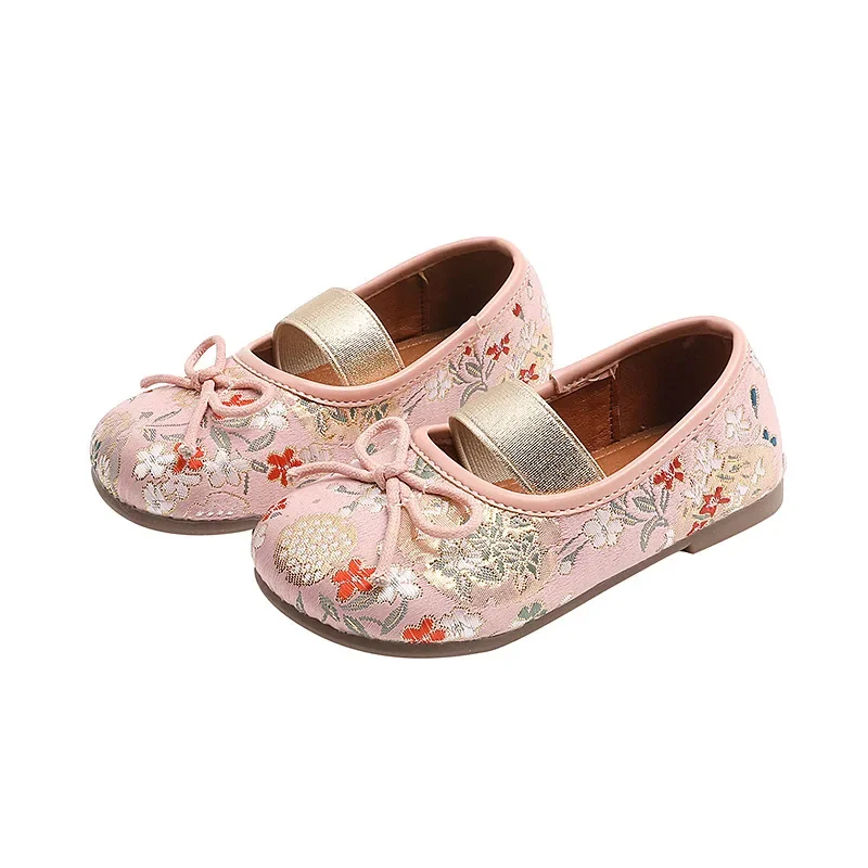 Girls Embroidery Flat Shoes Chinese Style Kids Princess Shoes Sweet Bowknot Children\'s Dance Shoes Slip on Vintage Mary Janes