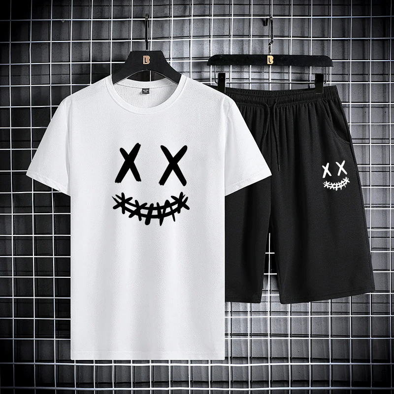Męski letni strój sportowy z okrągłym dekoltem i krótkim rękawem T-shirt spodenki pięć czwartych slim fit modny dwuczęściowy zestaw odzieży męskiej
