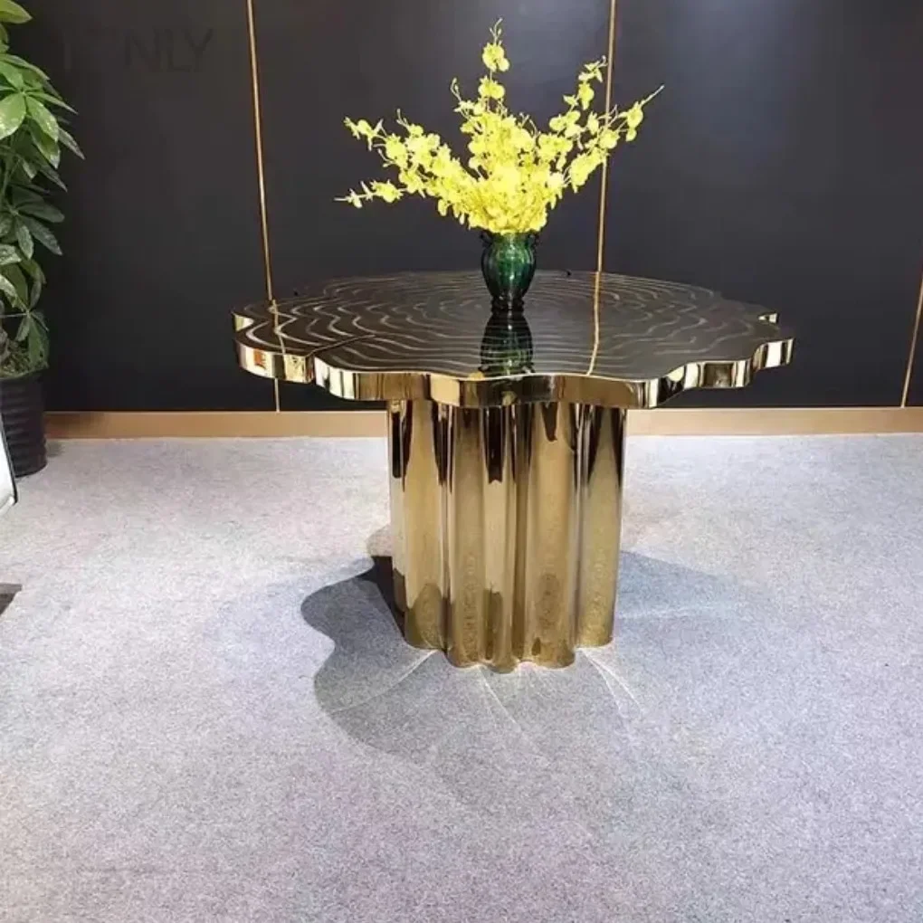 Italian minimalist light luxury, stainless steel etched petal-shaped dining table, villa hotel model room restaurant
