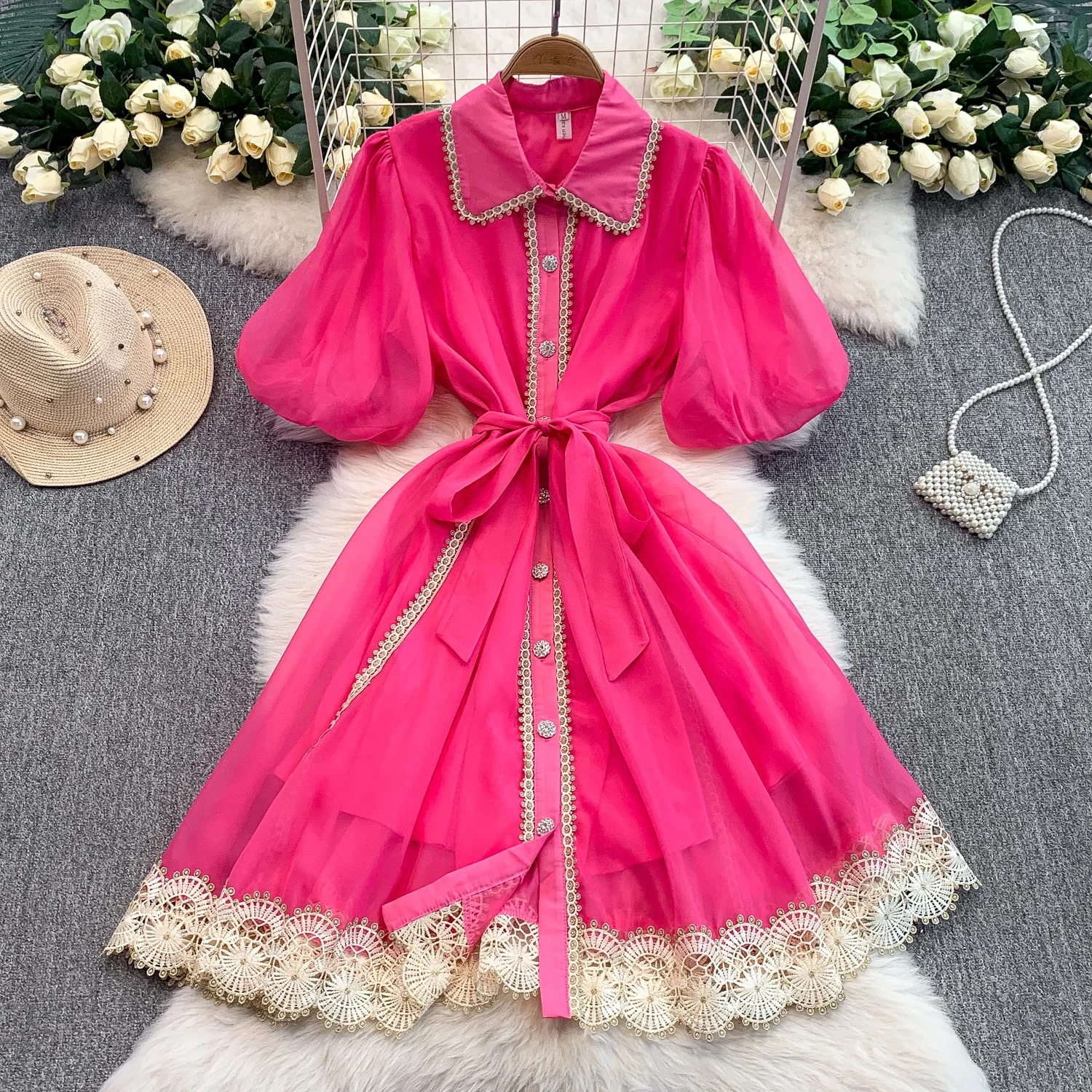 

French Court Style Retro Sweet Lace Edge Lapel Dress Women Single-breasted Waist Slim Mid-length Dress Vacation Vestidos 2025