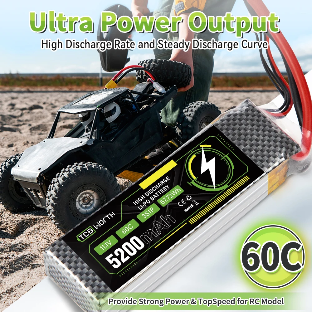 Batterie Lipo 3S avec connecteur EC5 pour modèles RC, batterie pour voiture, bateau, camion, hélicoptère, avion, course, 11.1V, 80C, 60C, 5200mAh