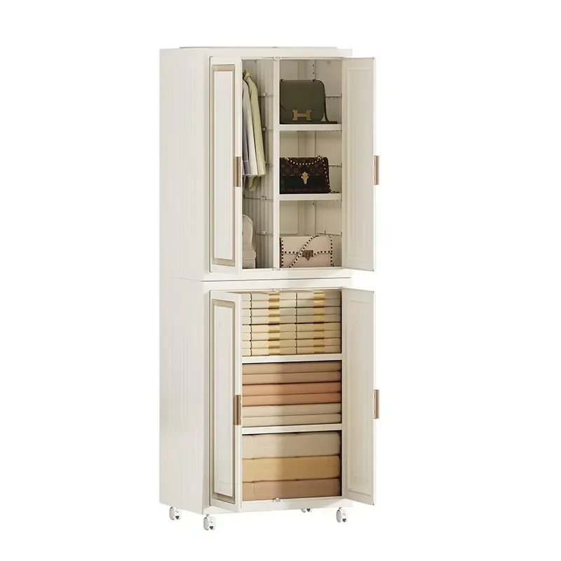 Portable Folding Wardrobe Cabinet PP Plastic Storage Locker with Wheels Assembly Clothes Organizer for Bedroom Adult Use