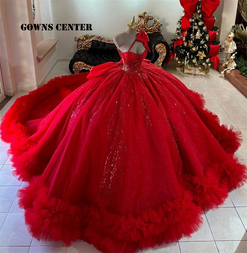 Red Puff Ruched Train Ball Gown Quinceanera Dress With Bow One Shoulder Beaded Appliques Sweet 15 Vestidos De 15 Años Customized