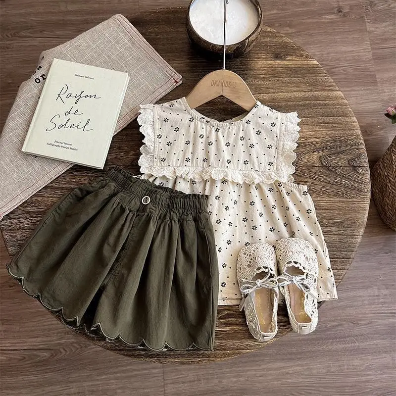 Girls Set 2026 Spring Summer New Korean Style Stylish Lace Edge Tank Top Solid Color Lace Shorts Casual Wear
