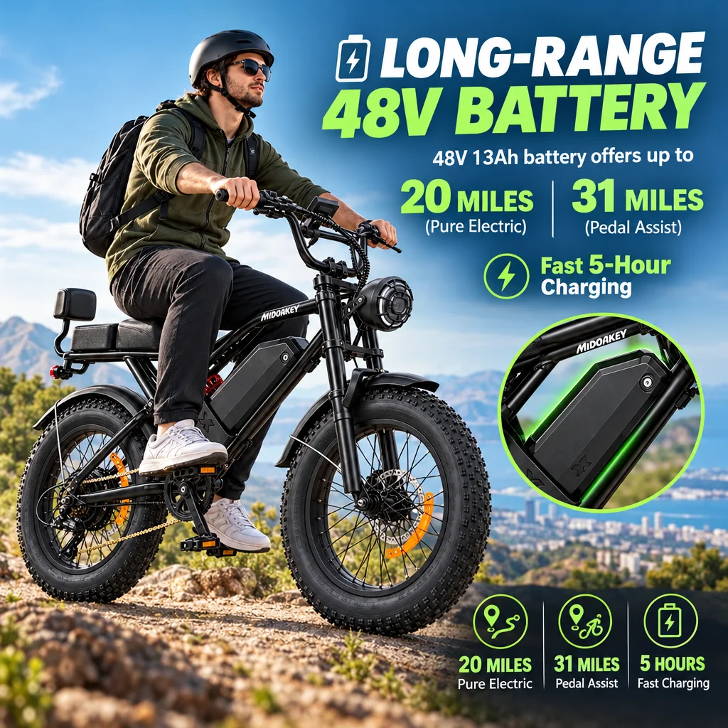 MIDNKEY 500W Fat Tire Electric Bike for Adults 48V 13Ah Moped Ebike 20