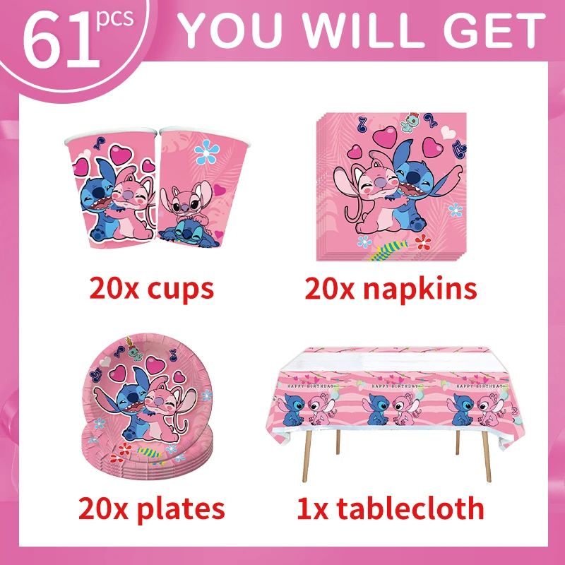 Disney Stitch Birthday Party Decorations Pink Angel Set Cartoon Tableware Paper Napkins Plates Cups Kids Happy Birthday Supplies