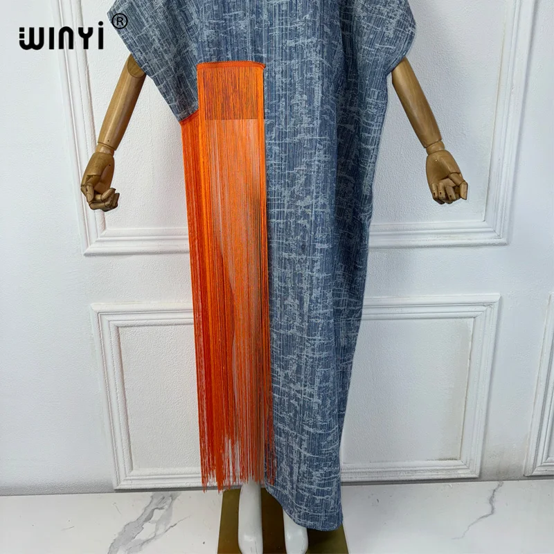 WINYI summer beach cover-ups boho Africa top sexy Holiday long tassels maxi party dress for women Denim fashion dress