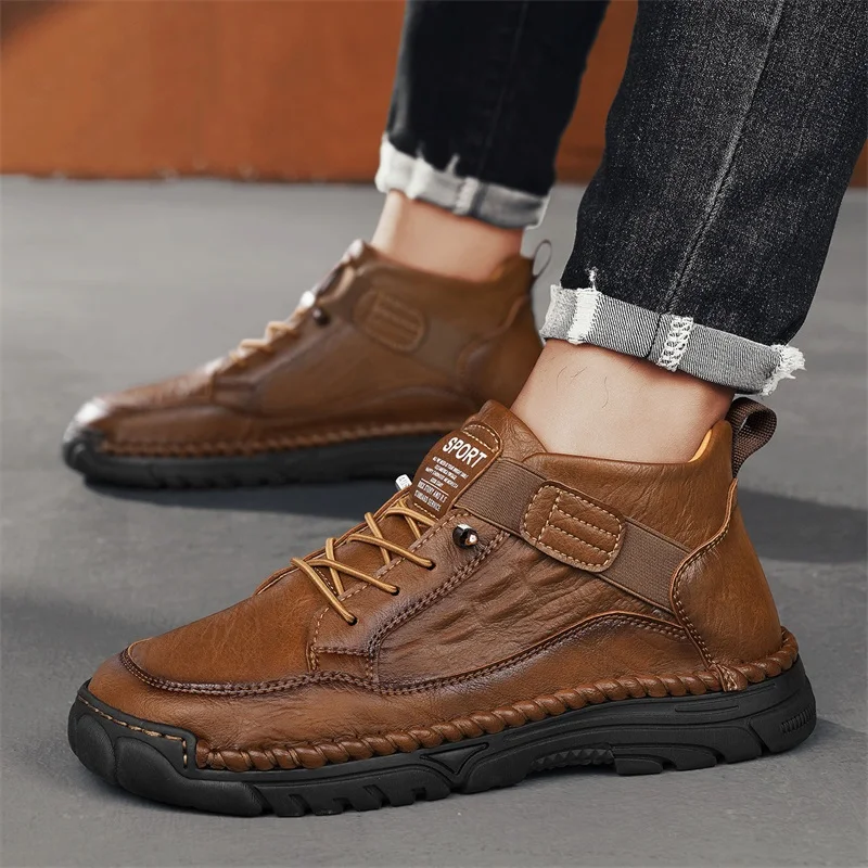 Brand Fashion Men's Outdoor Breathable Anti Slip Soft Bottom Mid State Boots Autumn Men Comfortable Hooded Retro High Top Shoes