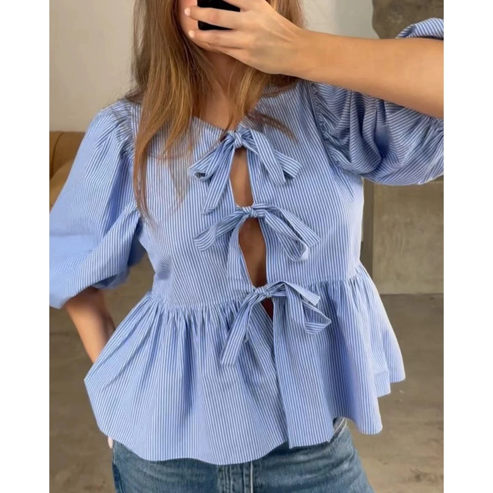 

Women Striped Print Lantern Sleeve Blouse Summer Fashion Casual Tied Detail Ruched Design Casual T Shirt Sexy Blouse Workwear