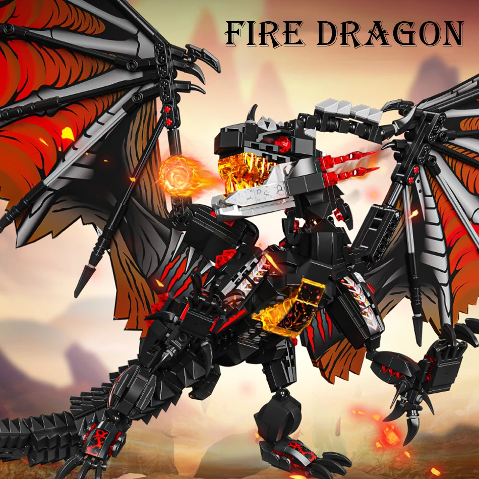 MOC Creative Warcraft Mechanical Ice Dragon Building Blocks Medieval Animal Mecha Flames Dragon Figures Bricks Toy for Kids Gift