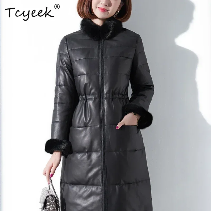 

Tcyeek женский пуховик из натуральной кожи средней длины верхний слой дубленка для женщин теплый норковый воротник зимняя одежда тонкая