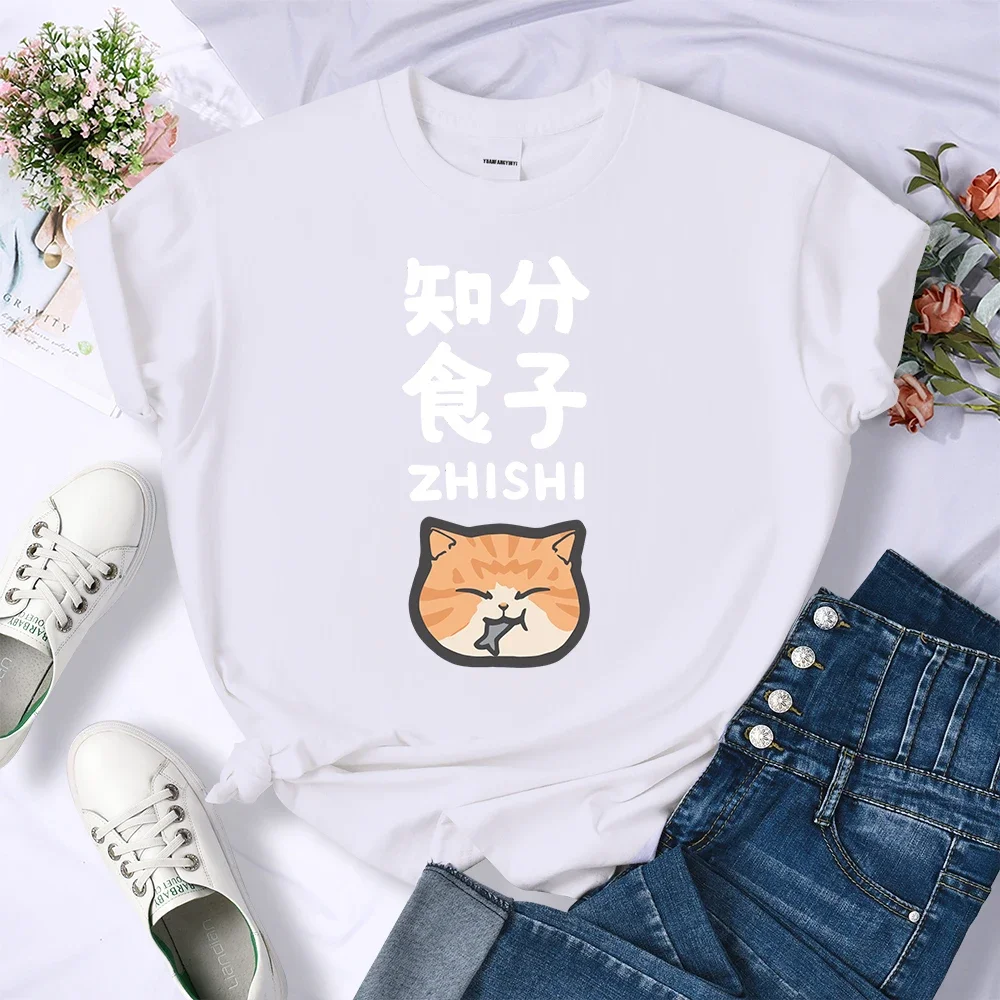 Camisetas de cuello redondo para mujer, ropa de calle, suave, manga corta, Foodie Molecule, naranja, Gato impreso, Hip Hop, Verano