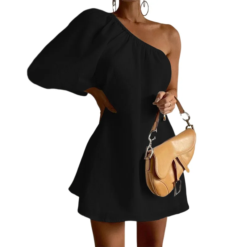 White Oblique Shoulder Cotton Linen Mini Dresses For Women Sexy Black One Shoulder Basic Puff Sleeve Party Club Dress Vestidos