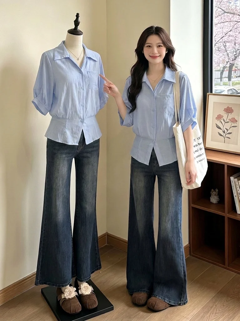 

Slimming Blue V-Neck Short Sleeve Shirt Women's plus Size Fashion Design Korean Style Commute Wind Loose Fit Summer New Arrival