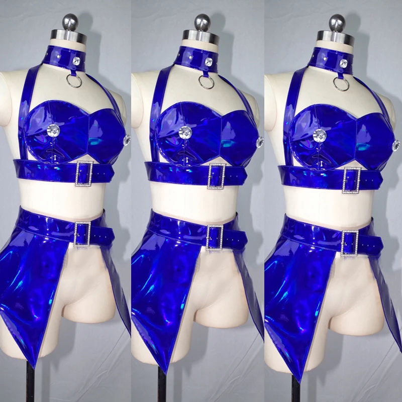 

Blue Patent Leather Laser Cutout Top Skirt Sexy Pole Dance Clothing Nightclub Dj Ds Stage Gogo Costumes Women Rave Outfit 4991