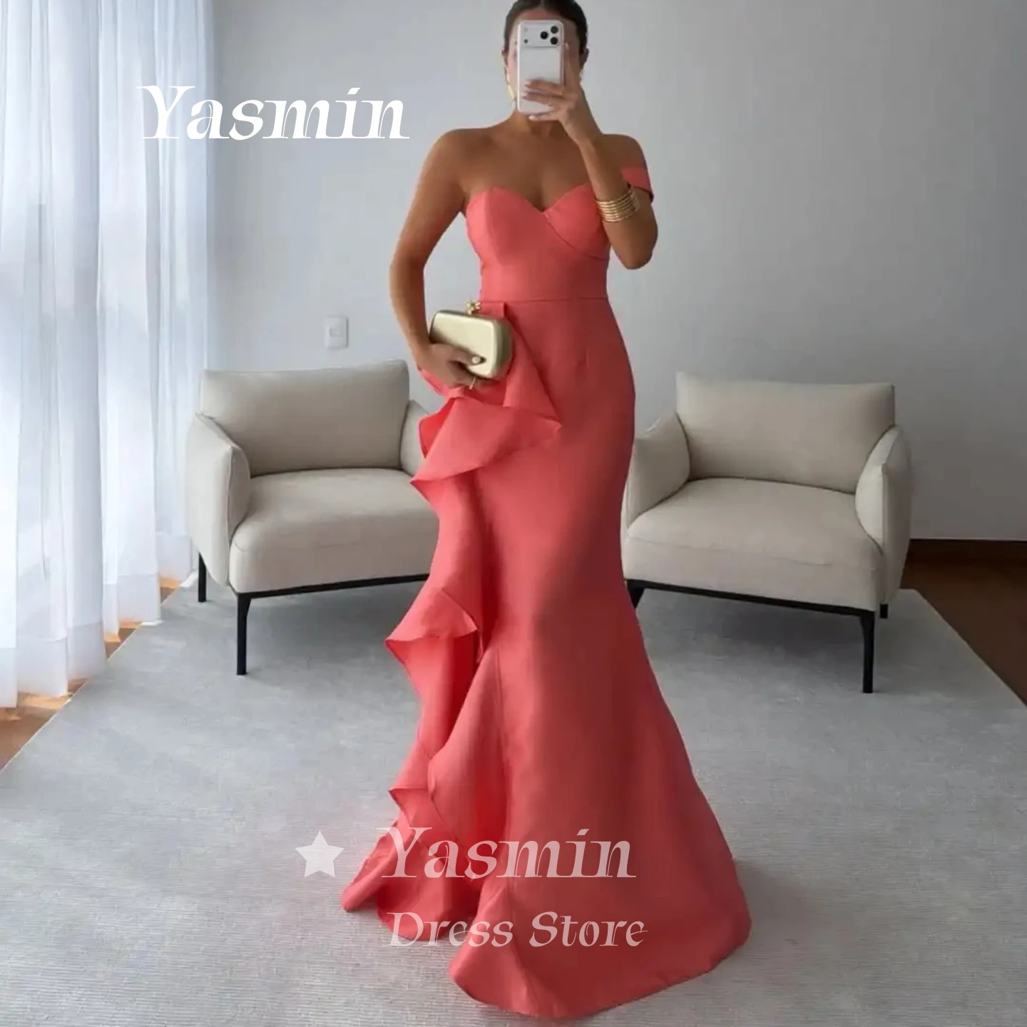 Vestido de Fiesta de Lujo Color Coral, Vestido de Noche sin Tirantes, Escote Corazón, Detalle de Volantes, Satén, Vestidos de Boda Personalizados para Mujeres Saudíes