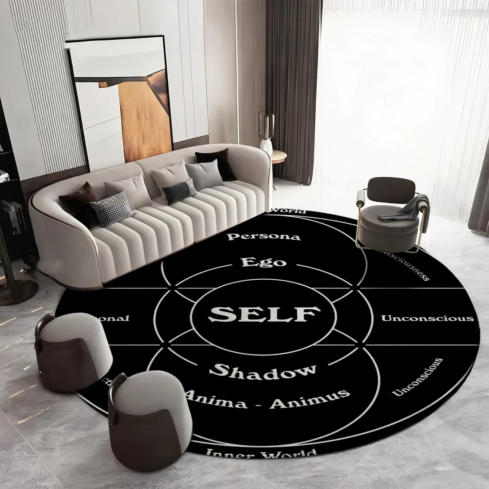 Modern Round Psychology Area Rug Self Archetype Mat Minimalist Boho Decor Inner World Carpet Floor Mat for Living Room Decor