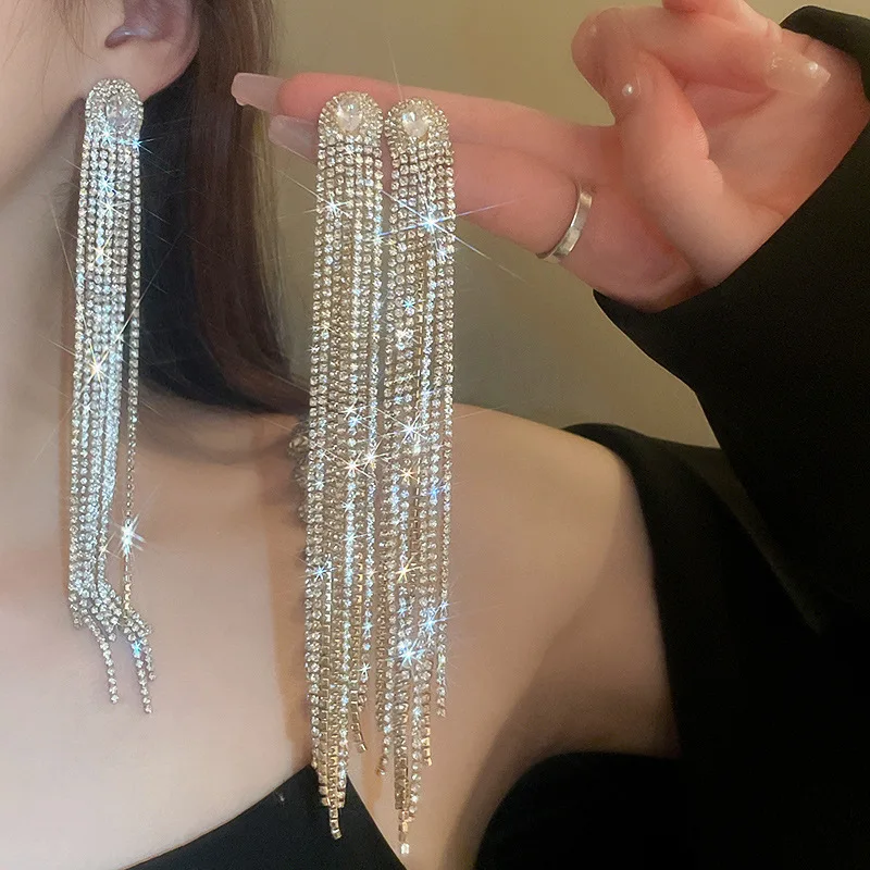 Super Long Multi Strand Rhinestones Dangle Earrings Women Shiny Clear Tassel Zircon Drop Earrings Statement Banquet Jewelry C