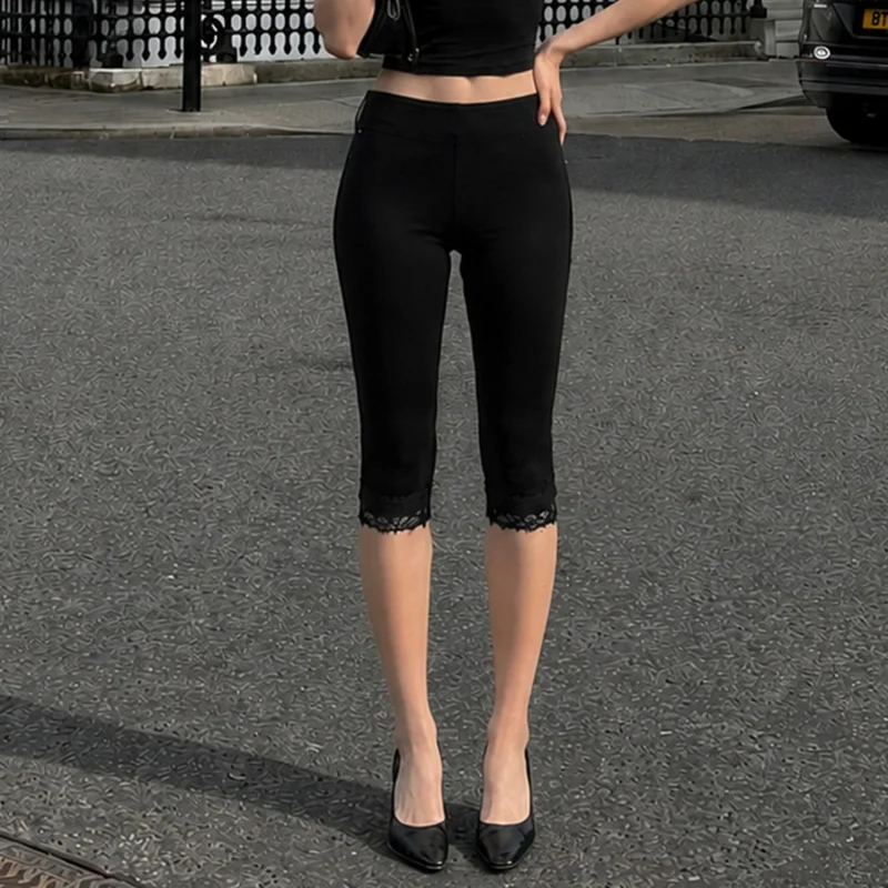 Slim Fit Low Waist Black Casual Pants Lace Trim Patchwork Stylish Simple Fashionable Women's Polyester Fiber Natural Waist
