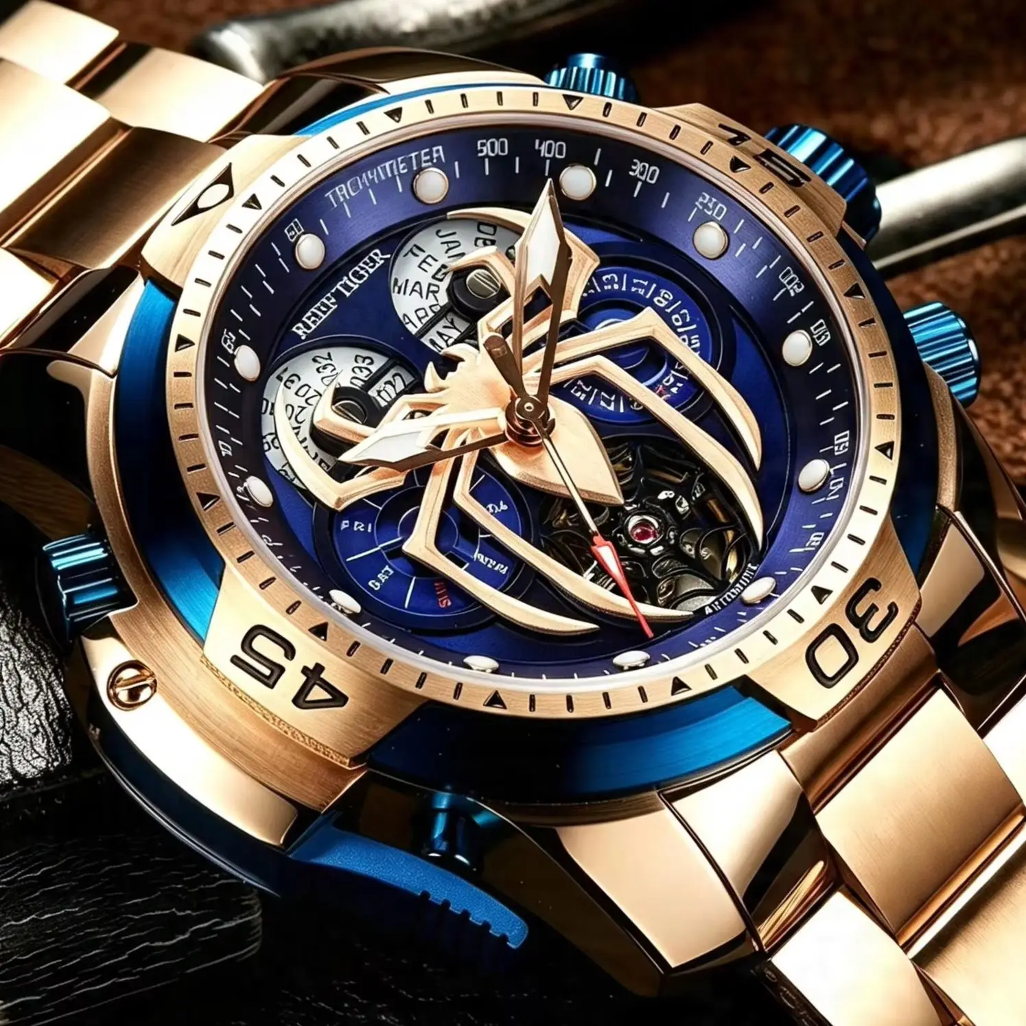 Reef Tiger Men Multifunctional Automatic Mechanical Watch Spider Shape Dial Design Stainless Steel Strap Male Wristwatch