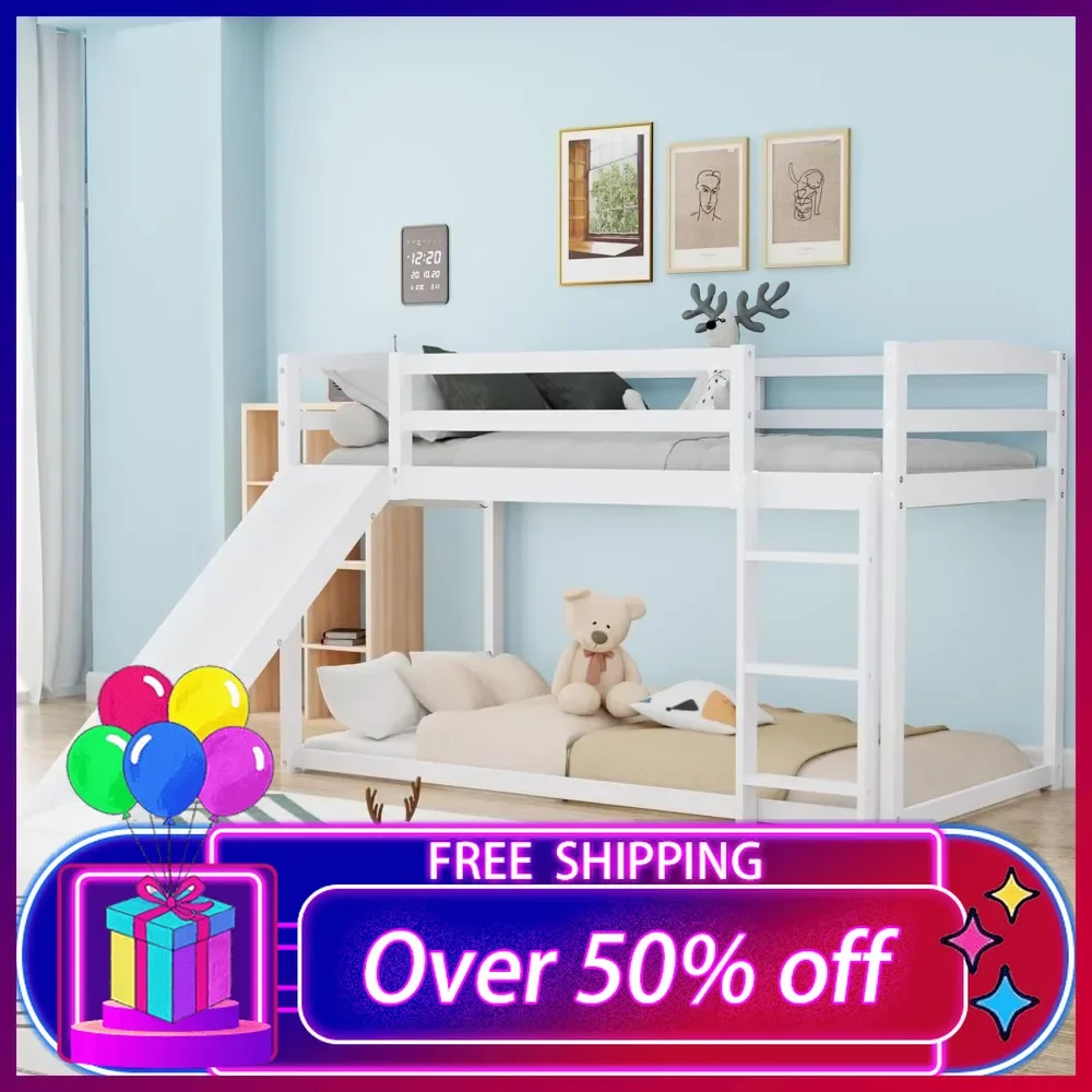 

Wooden Twin Over Twin Bunk Bed with Convertible Slide and Ladder,for Kids Teens with Safety Guardrails, Floor Bunk Beds