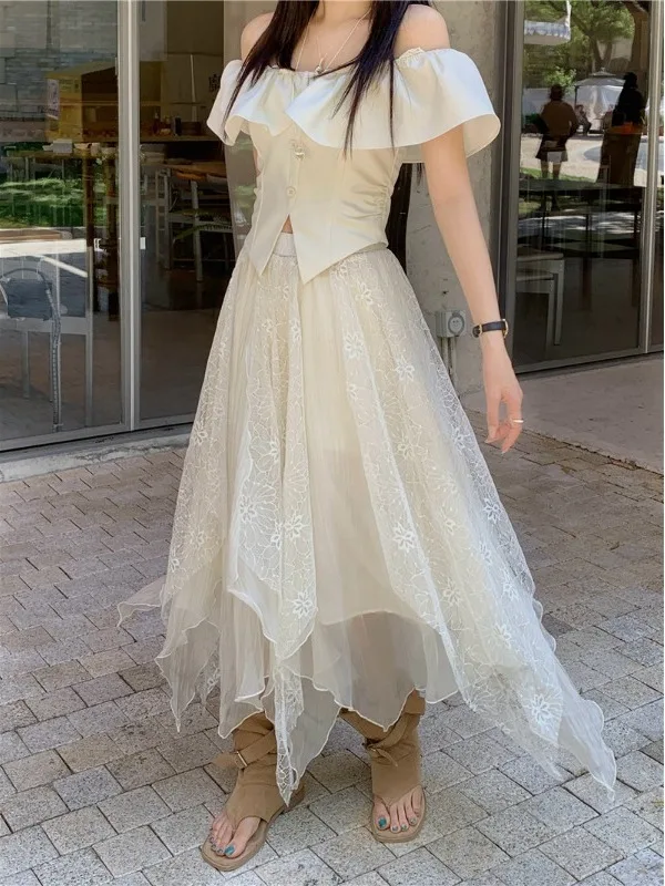 

plus Size Lace Splice A-Line Midi Skirt High Waist Asymmetrical Design Summer New Style Loose Fit Slimming Korean Style Skirt