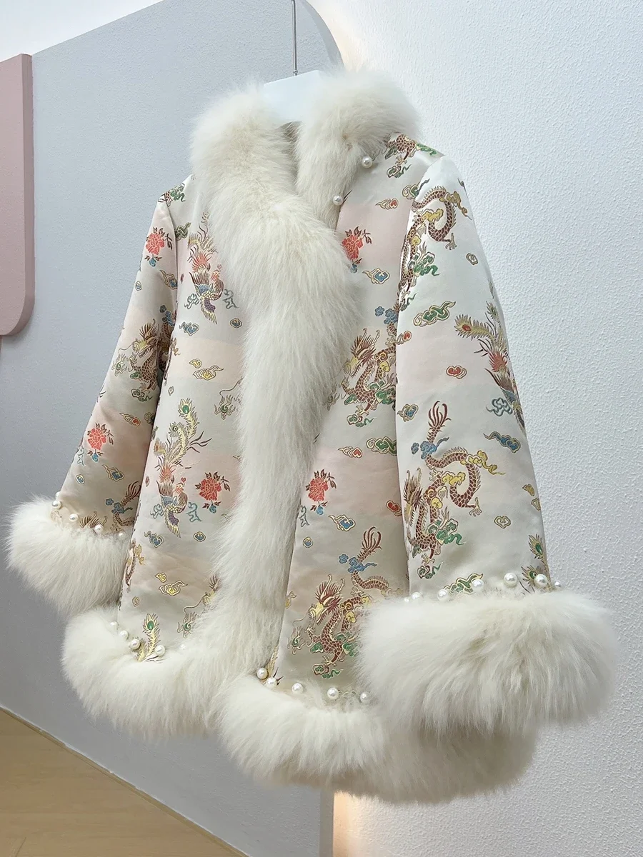 Real Fox Hair Embroidery Jackets New Family Palace Style Satin Long Pearl Cape Tang Dress Fox Fur Coat Female 2023 Autumn Winter