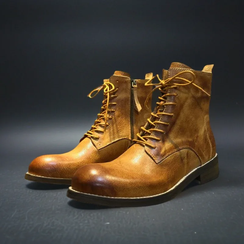 

British Style Designer Genuine Leather Thick Sole Casual Motorcycle Boots Men Shoes High Top Outdoor Chelsea Riding Boots Male