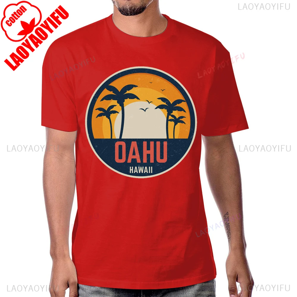 شجرة جوز الهند شاطئ الغروب OAHU هاواي تي شيرت تقليدي الصيف نمط قصير الأكمام رجل التي شيرت Harajuku التنفس الراحة القطن تيز