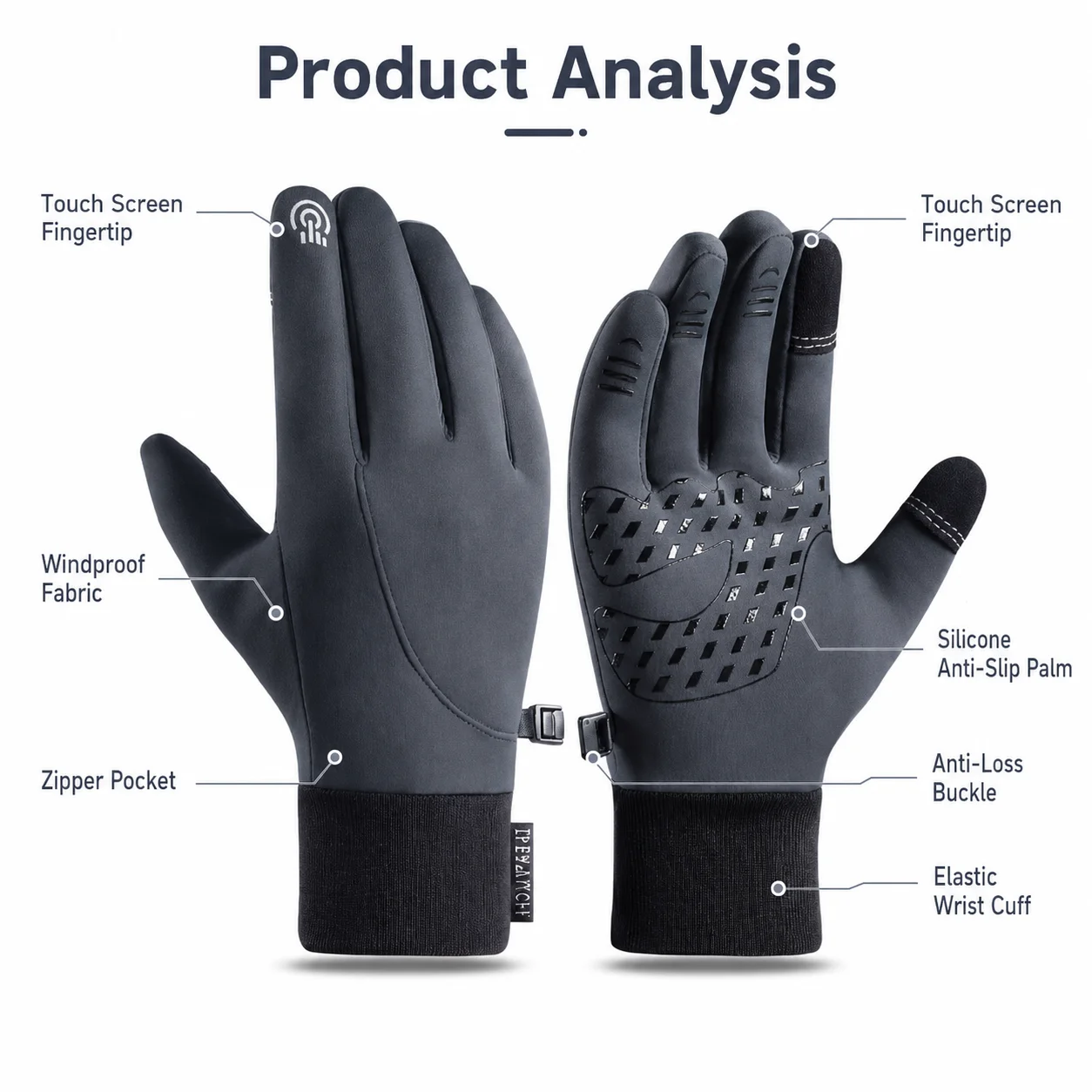 Graue Winterhandschuhe Touchscreen-fähig Warm Rutschfest Wasserdicht Winddicht Outdoor-Handschuhe für Radfahren Laufen Wandern – Detail 5