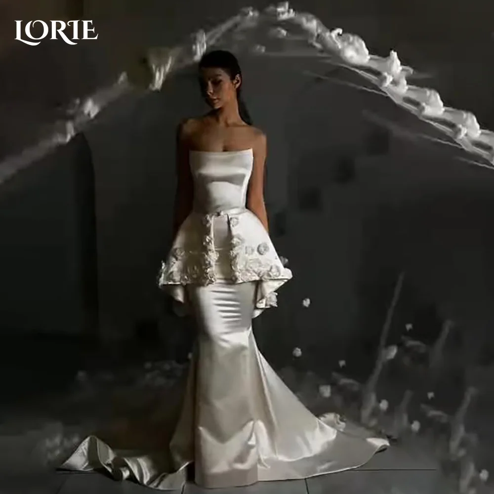 LORIE 3D Flower Wedding Dress Strapless Mermaid Bridal Gown Customized A-Line Floor Lenth Bride Dress Backless Saudi Dress Dubai