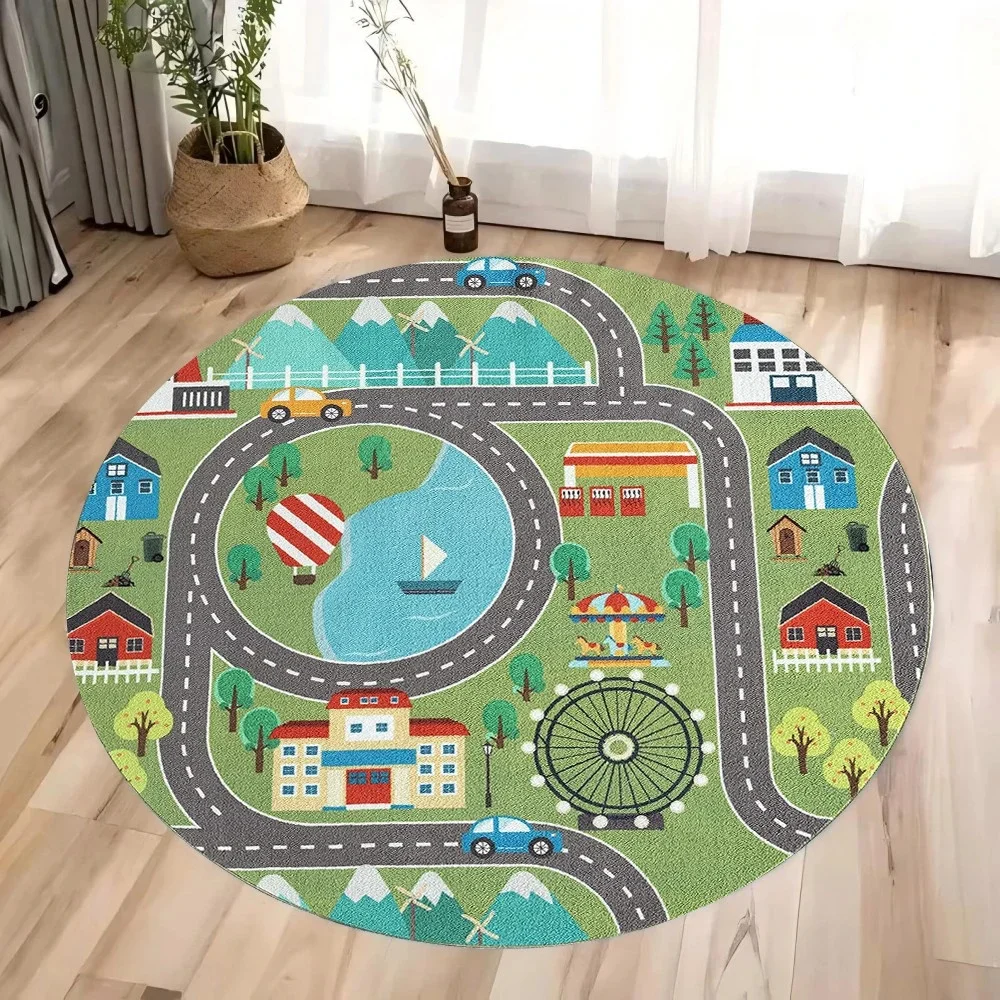Round Kids Play Rug with Animal & City Road Design - Educati