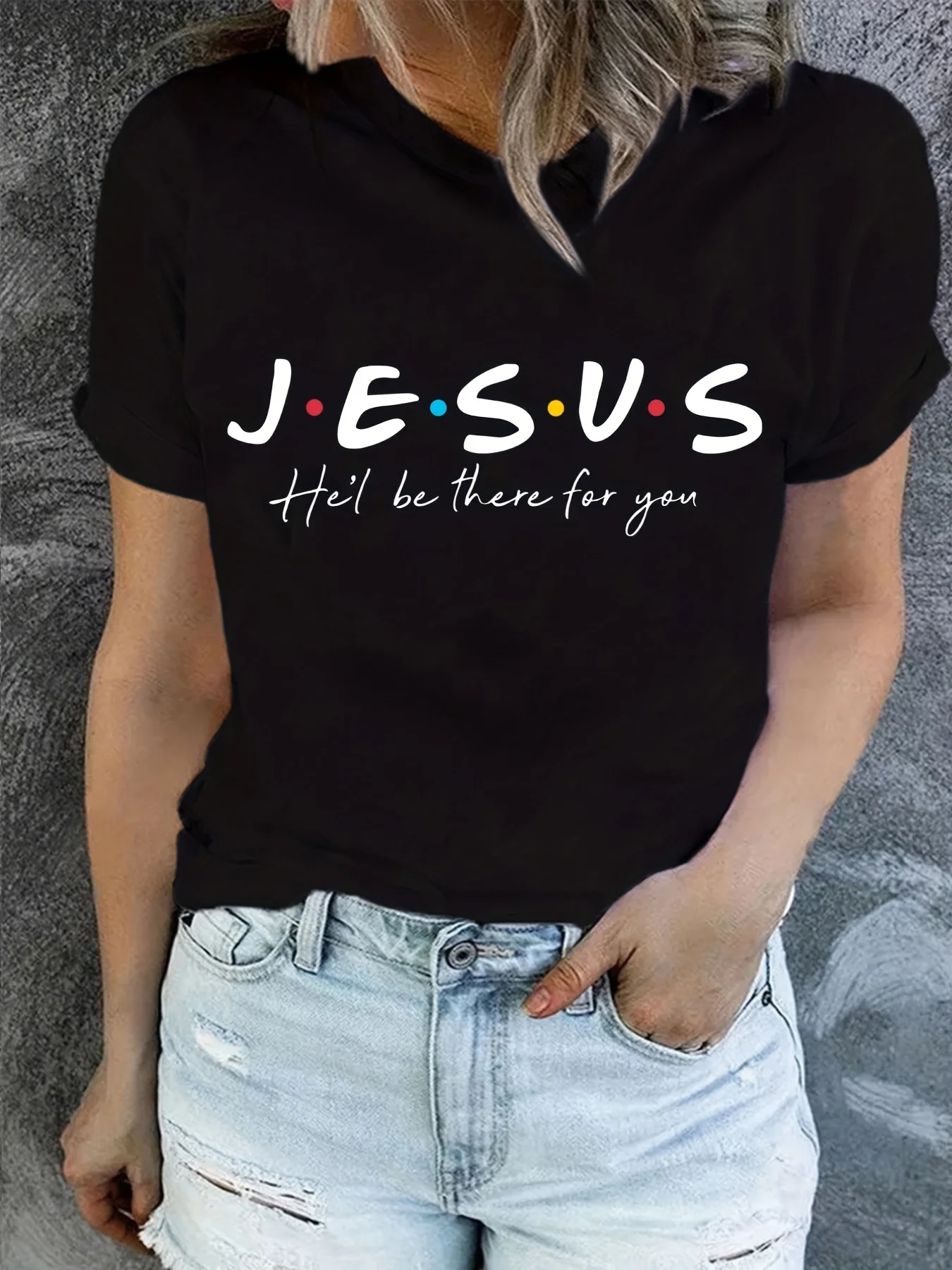 Jesus I Will Be There For You Letter Print T-Shirt Summer Short Sleeve Casual Tops Tee Shirt Femme White/Gray/Black T-Shirt