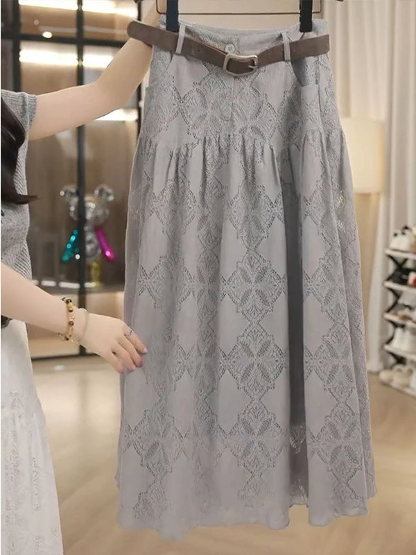 Retro Lace Hollow out A-Line Skirt Women's High Waist Midi Skirt Casual Wear Polyester Fiber Zipper Closure Summer 2025