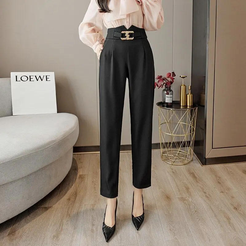 

Women's Solid Color Elastic High Waisted Pockets Letter Rivet Sashes Casual Loose Spring Autumn Wide Leg Trouser Suits Pants