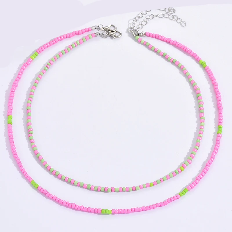 2pcs/set New Bohemian Vintage Pink Green Beads Chain Fashion Necklaces Jewelry For Women Elegant Accessories X0150