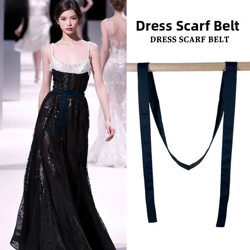 

Ele Thin Bla Silk Scarf Waist Belt for Women's Dr Skirt Accory High-End Feeling Wrap Tie Spring Faion Accory